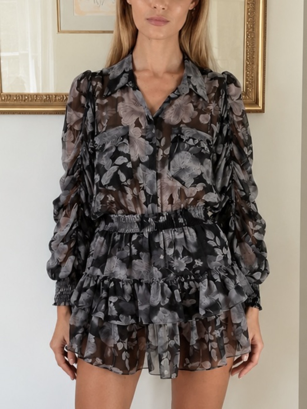 Misa Los Angeles Black & Gray Sheer Floral Ruffle Mini Dress